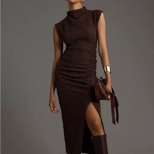 Anthropologie Maya Cowl Neck Textured Brown Midi Dress New without Tags